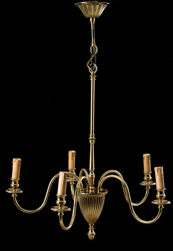 Pair of brass chandeliers