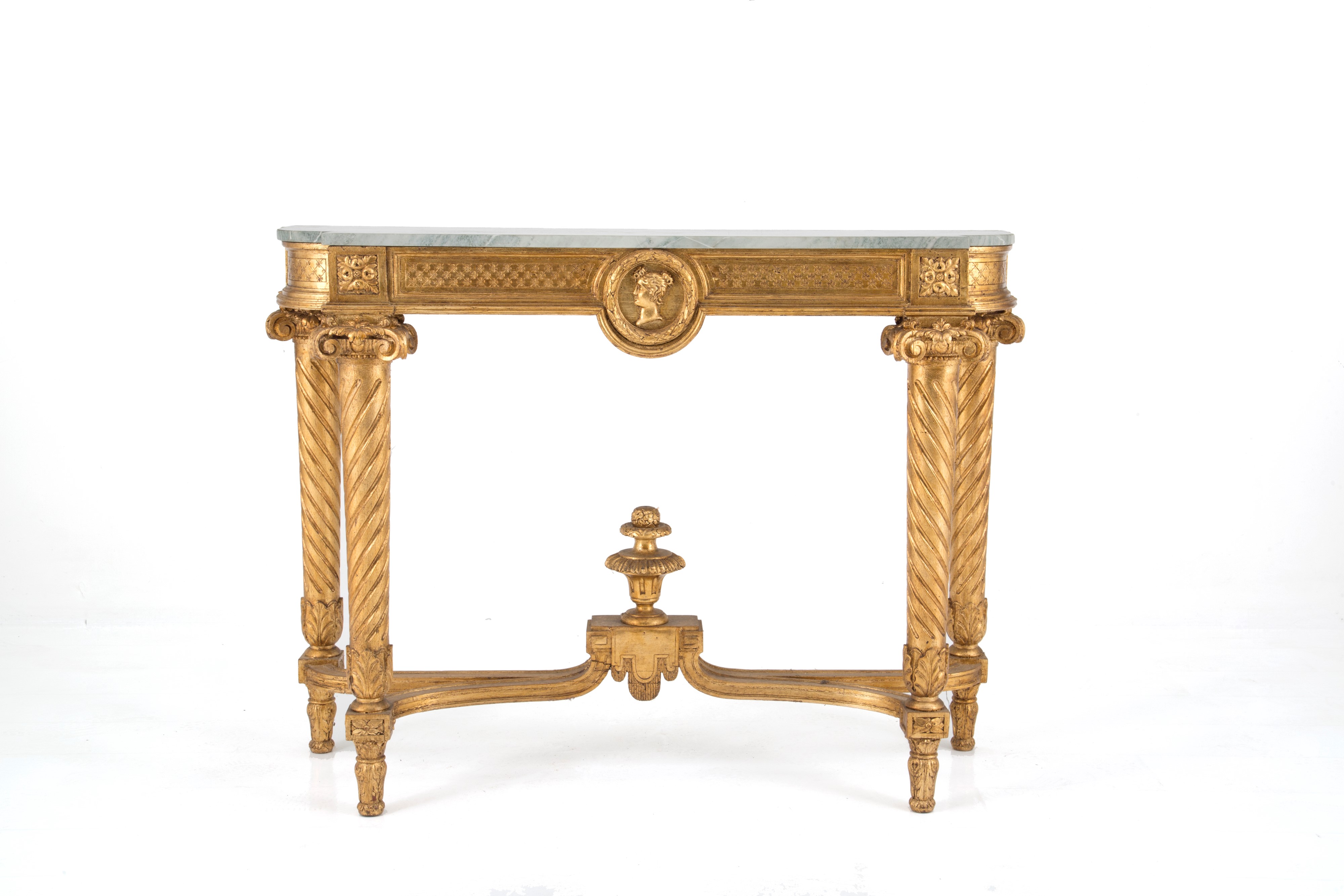Consolle dorata con piano in marmo grigio