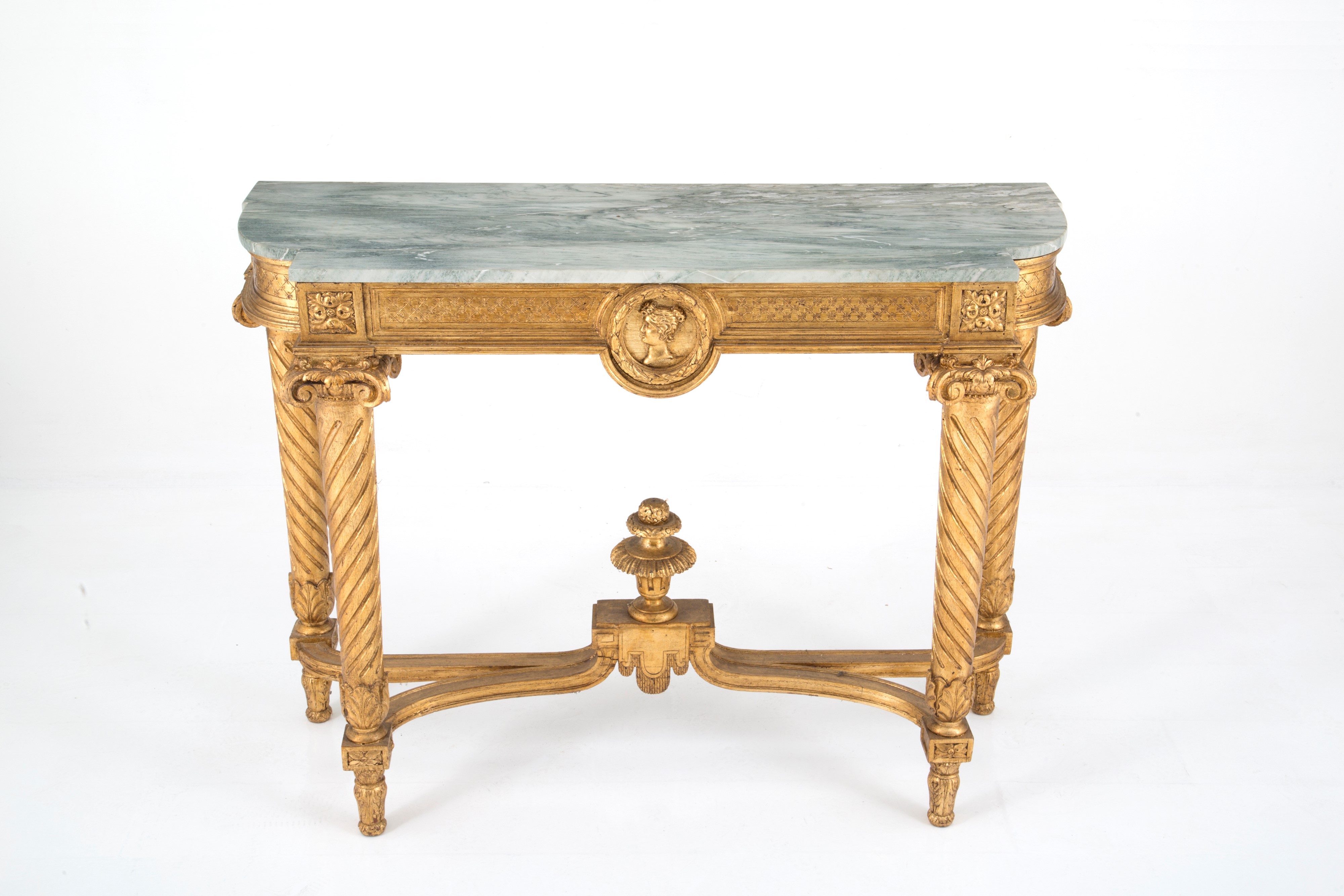 Consolle dorata con piano in marmo grigio