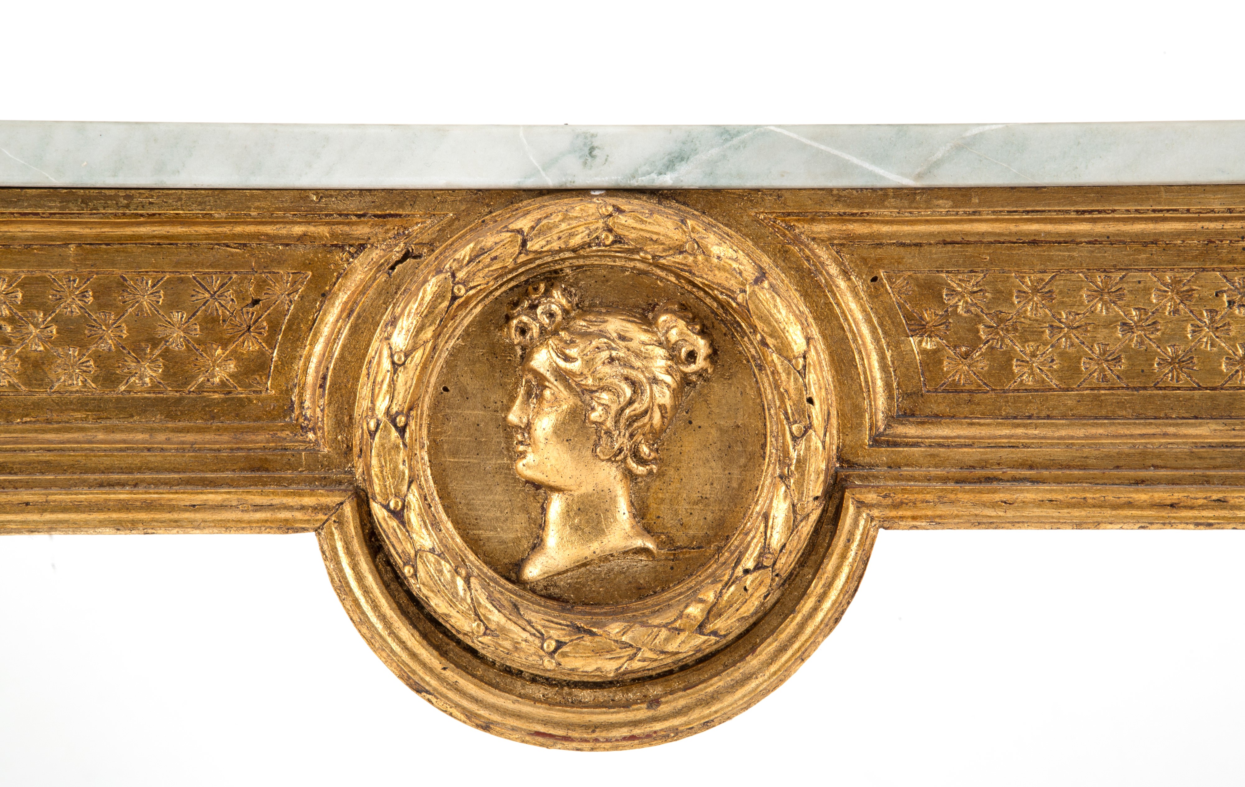 Consolle dorata con piano in marmo grigio