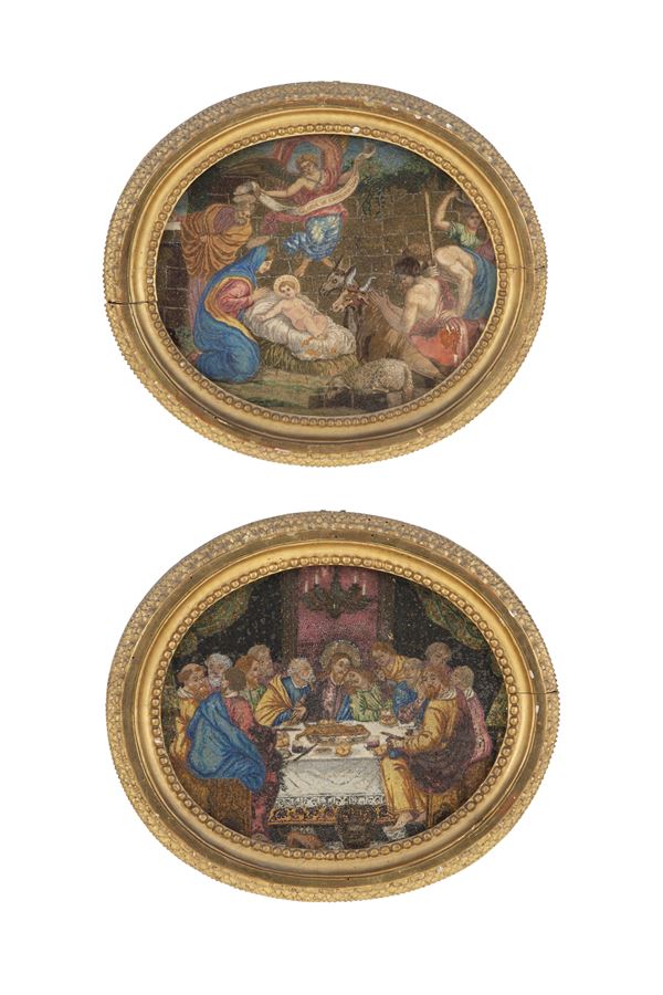 Pair of micromosaics "ADORATION OF THE SHEPHERDS" and "THE LAST SUPPER"