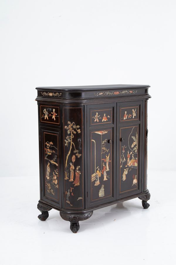 Small sideboard in ebonized wood and hard stones