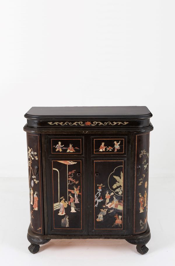 Small sideboard in ebonized wood and hard stones