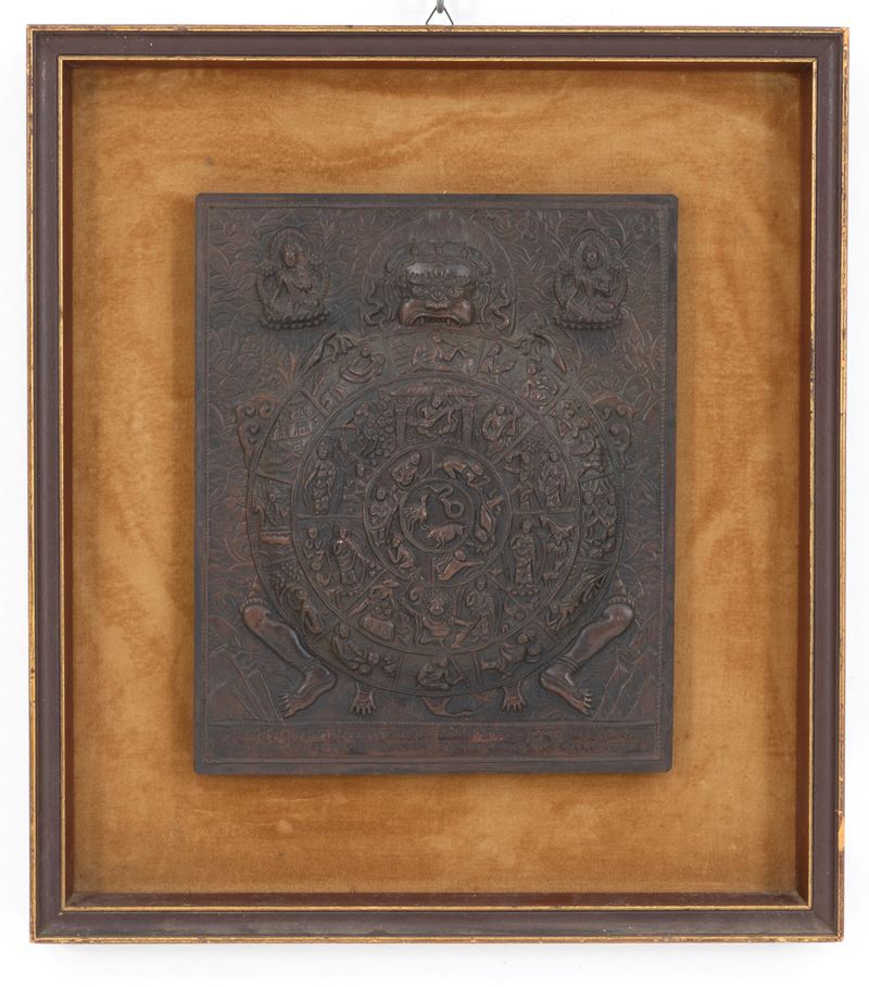 Tanka in rame sbalzato "CALENDARIO RITUALE TIBETANO"