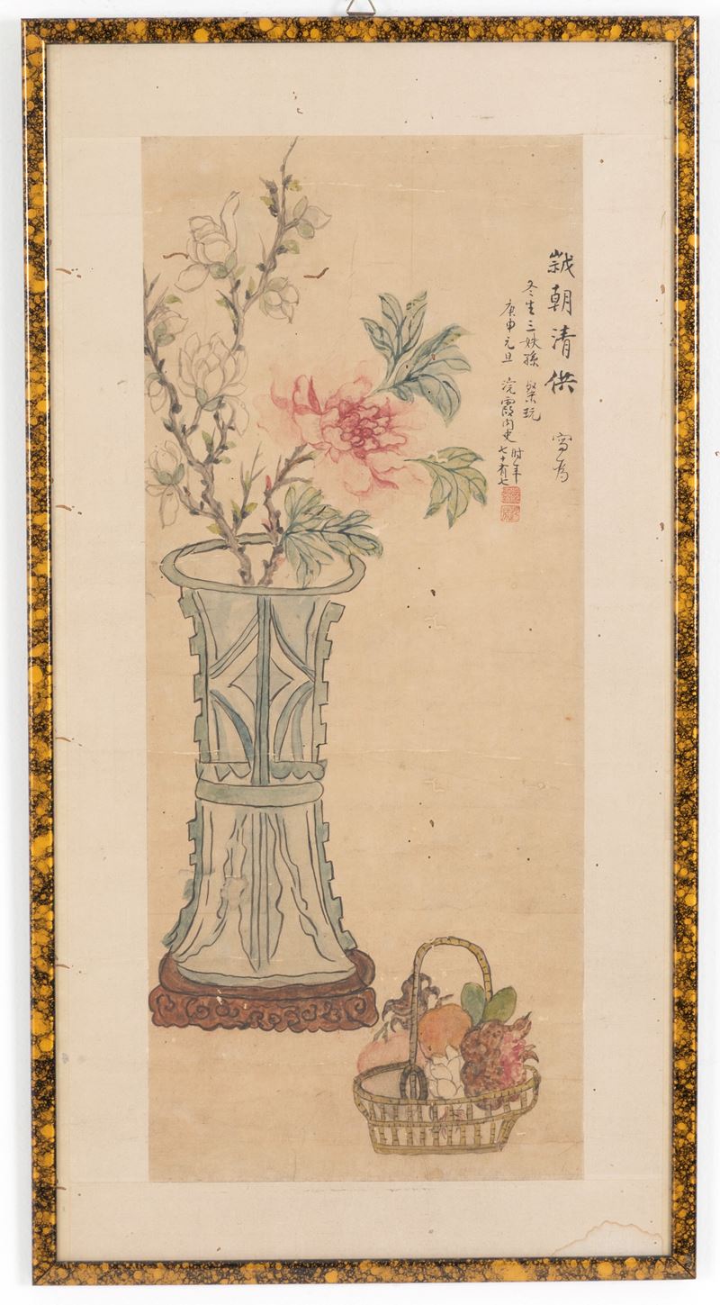 Acquarello "VASO DI FIORI CON CESTO DI FRUTTA"