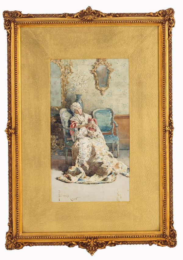 PAOLO BEDINI - Watercolor "GENTLEWOMAN IN ARMCHAIR"