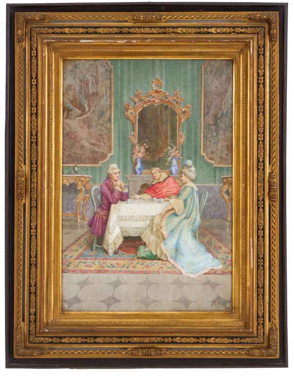 PAOLO FOLCHI - Watercolor "INTERIOR SCENE WITH FIGURES"