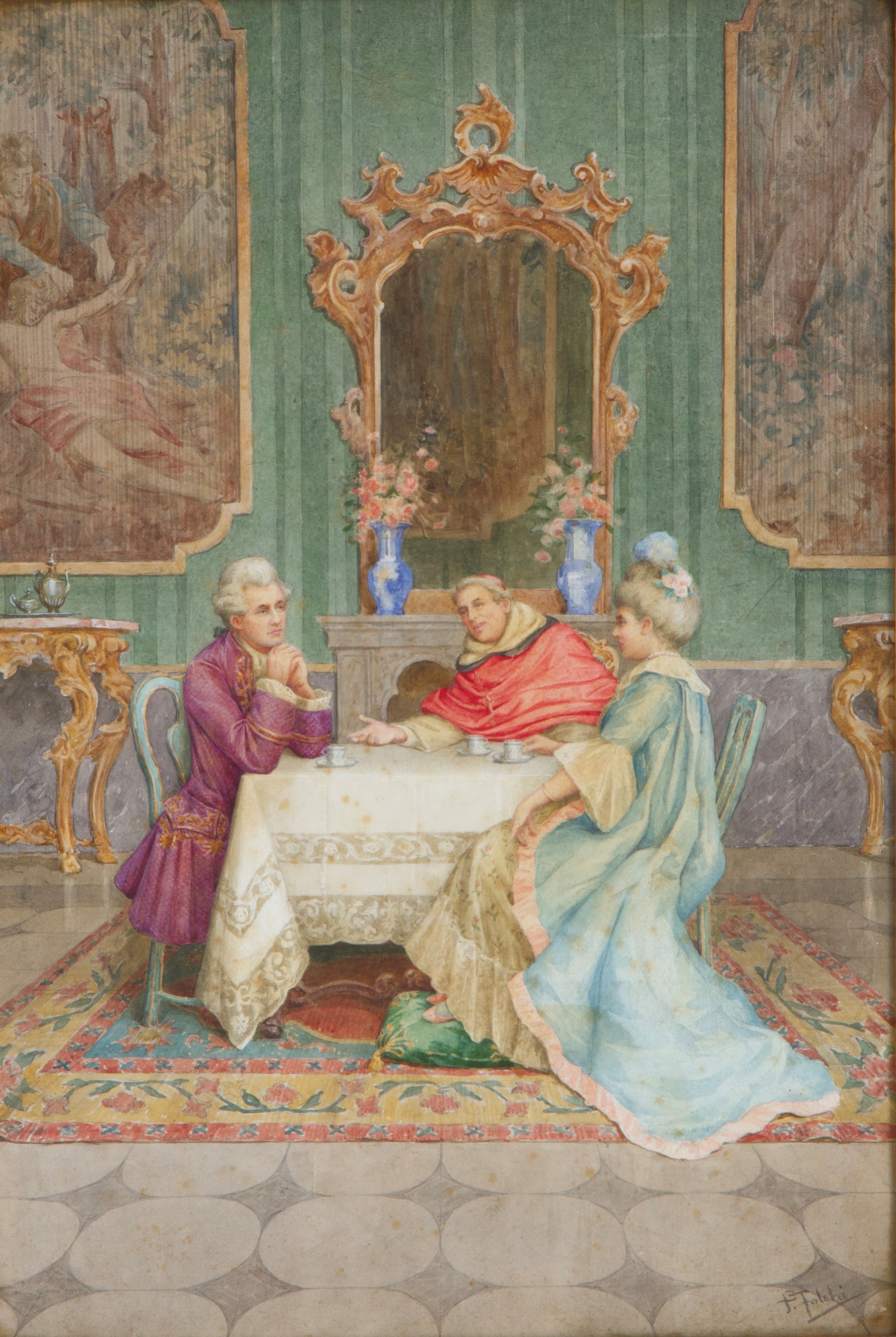 Paolo Folchi - Acquarello "scena di Interno con Figure"