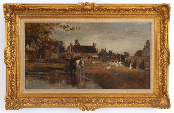 MARK WILLIAM FISHER - Painting "VILLAGE WITH HORSES AND GEESE"