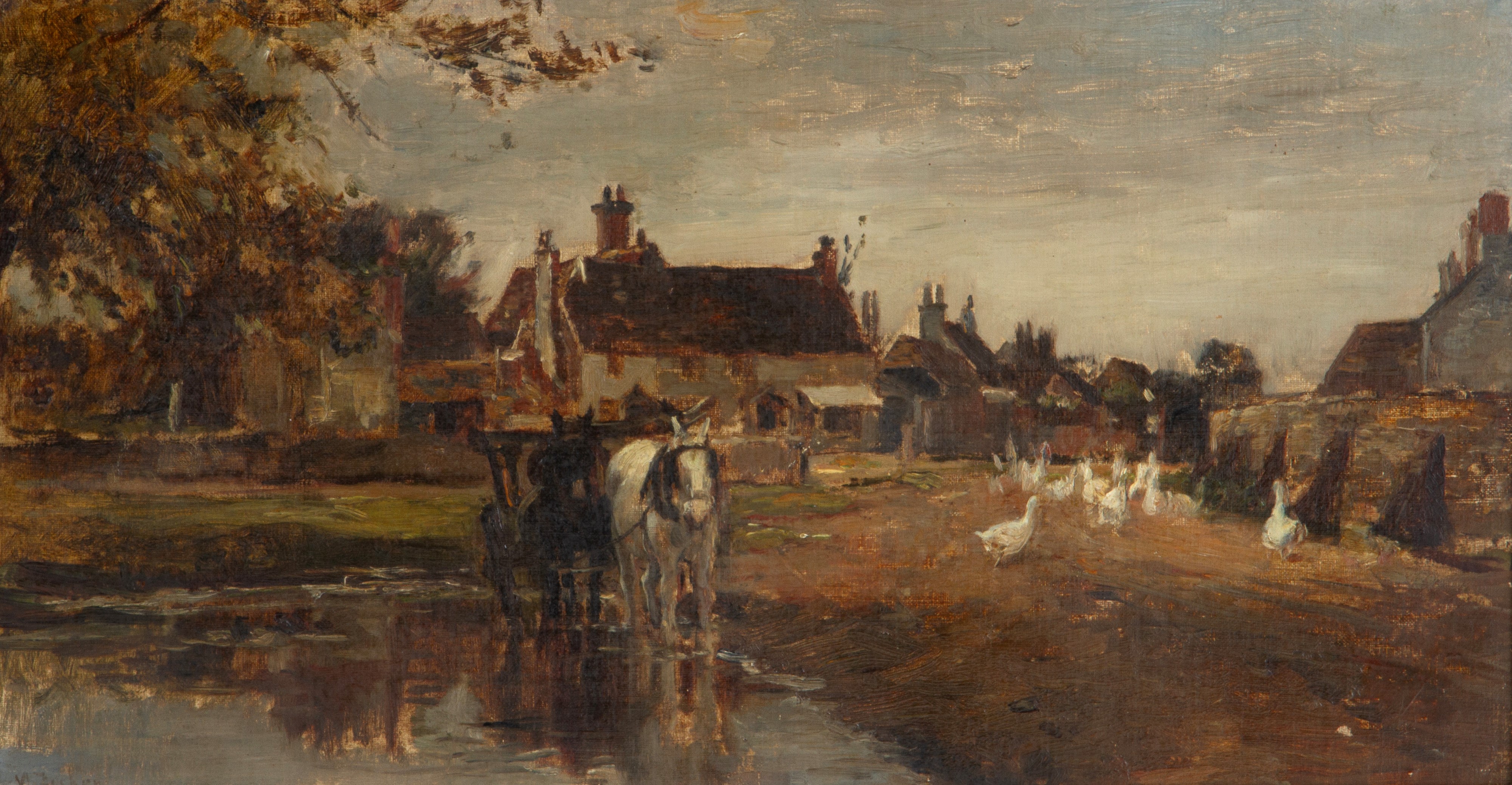 Mark William Fisher - Dipinto "villaggio con Cavalli e Oche"