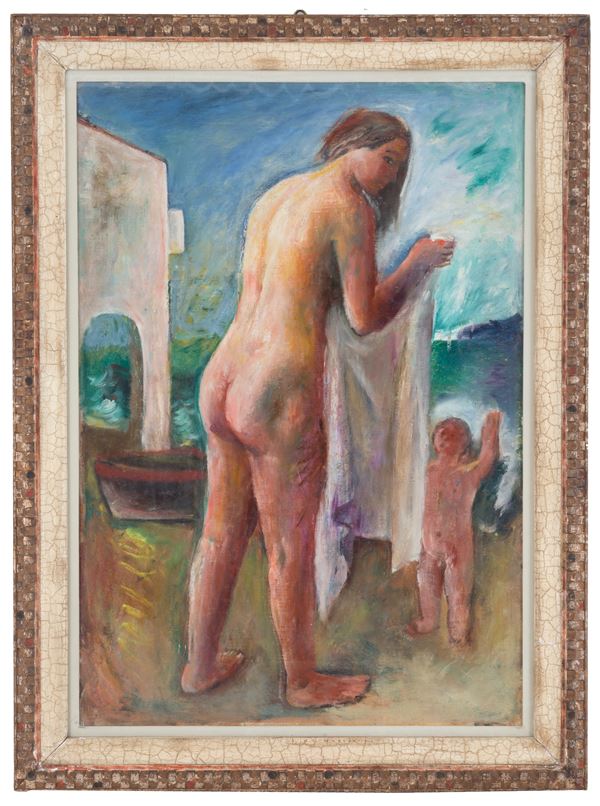 GUIDO PAOLO PAJETTA - Painting "MOTHER AND SON ON THE BEACH"