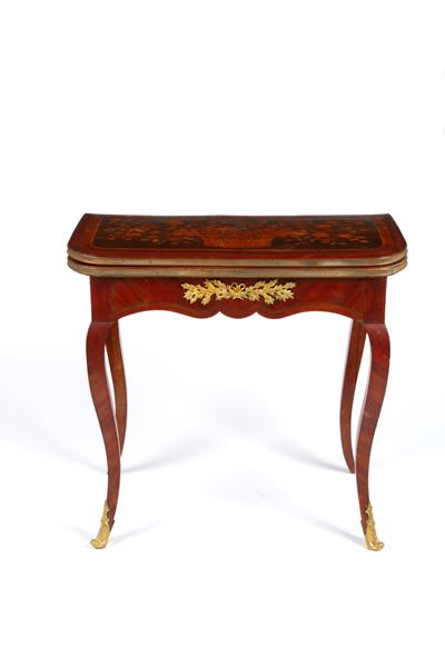 Tavolino da gioco in legno intarsiato e bronzo, Francia, Metà XIX secolo