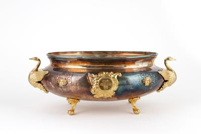 Cachepot a manici a forma di cigno, metallo argentato e dorato
