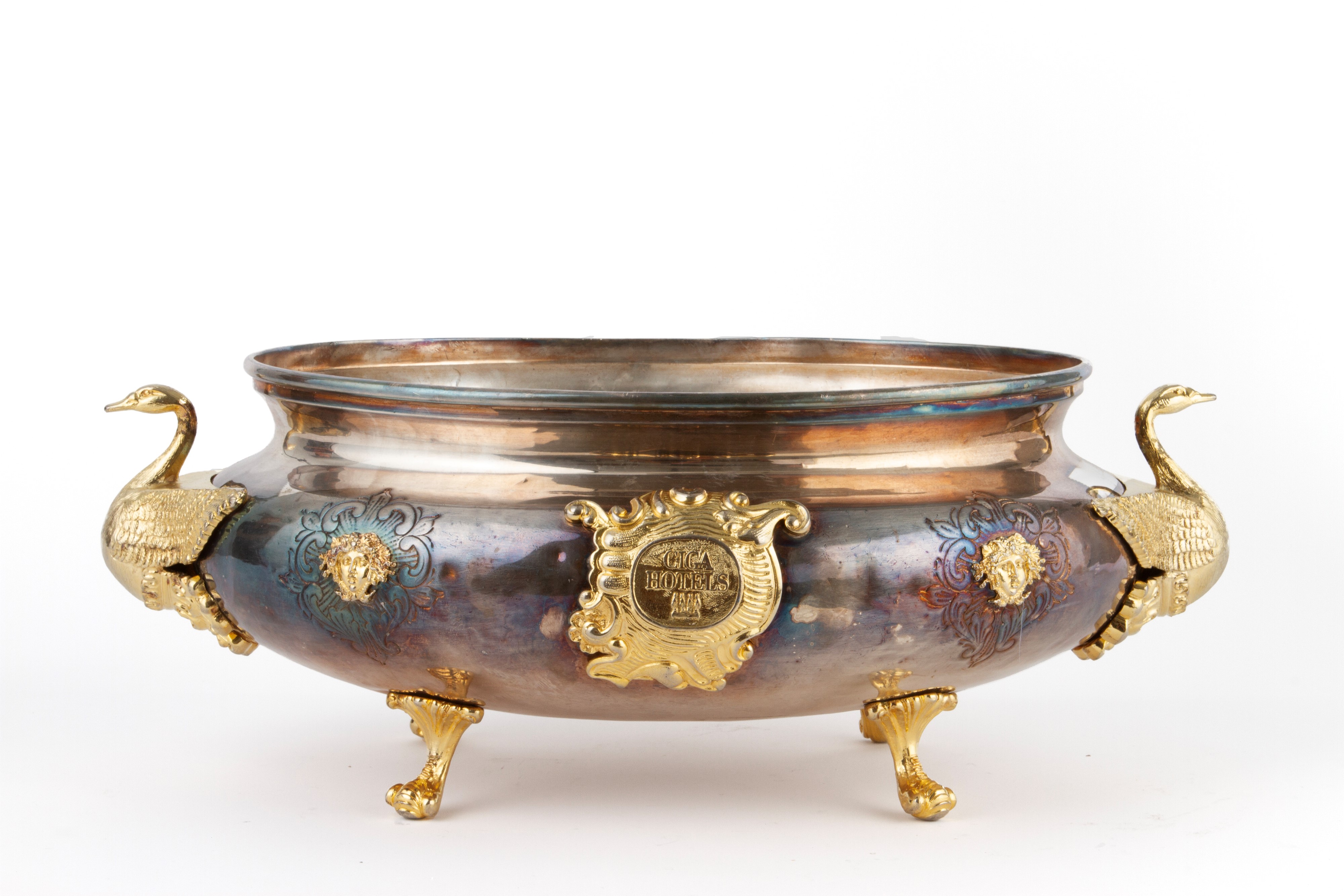 Cachepot a manici a forma di cigno, metallo argentato e dorato