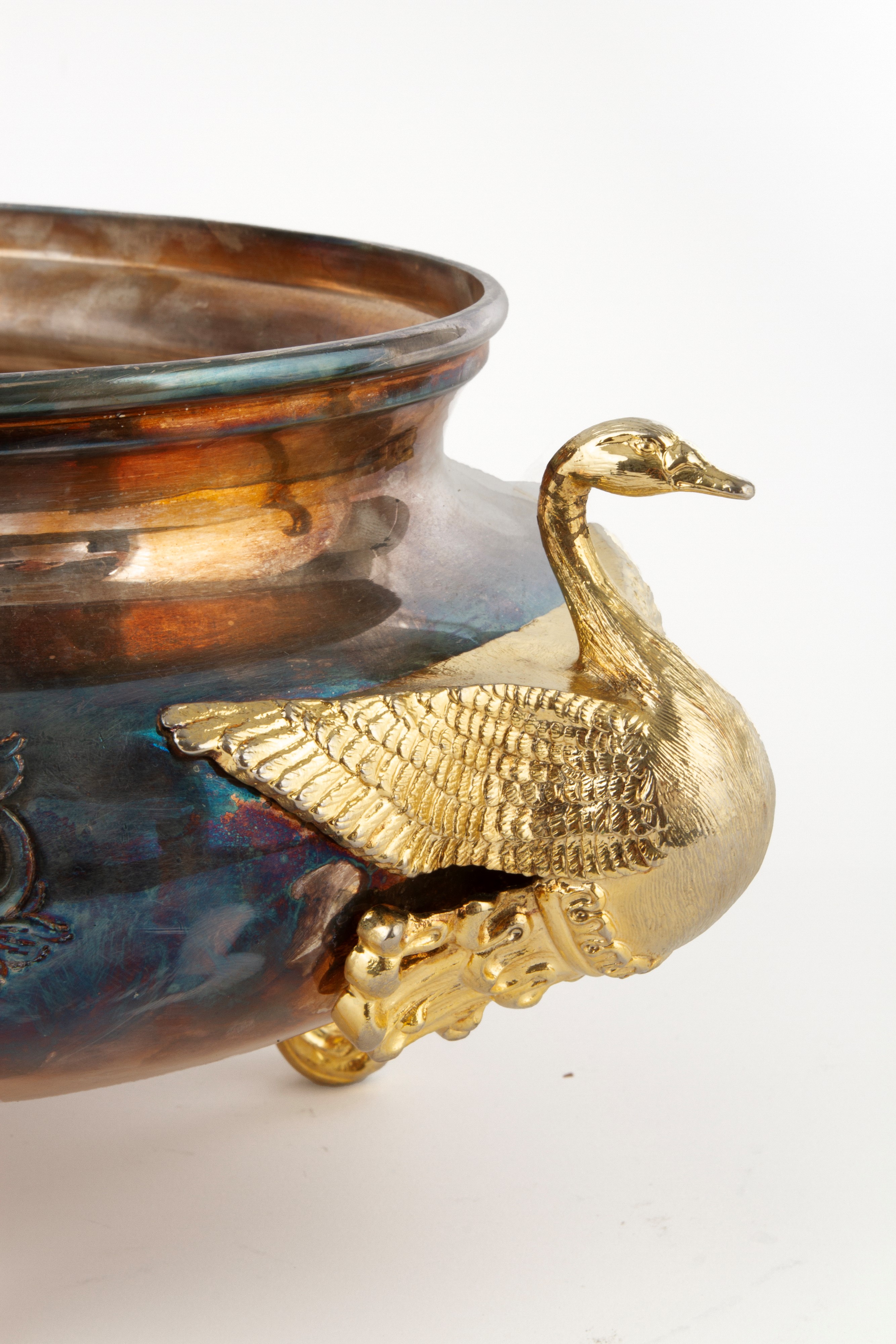 Cachepot a manici a forma di cigno, metallo argentato e dorato