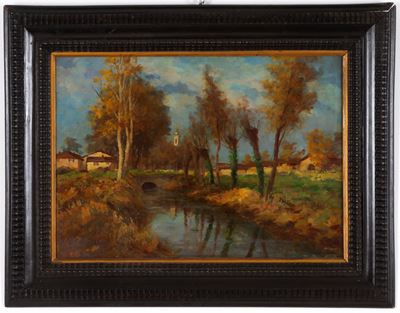 Paesaggio fluviale, olio su tavoletta