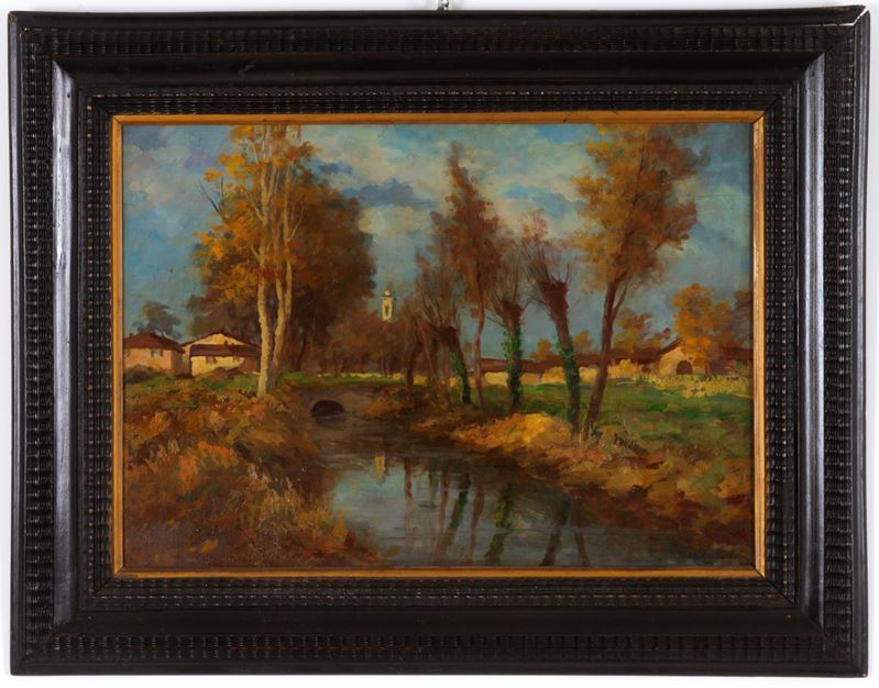 Emilio Borsa - Paesaggio fluviale, olio su tavoletta