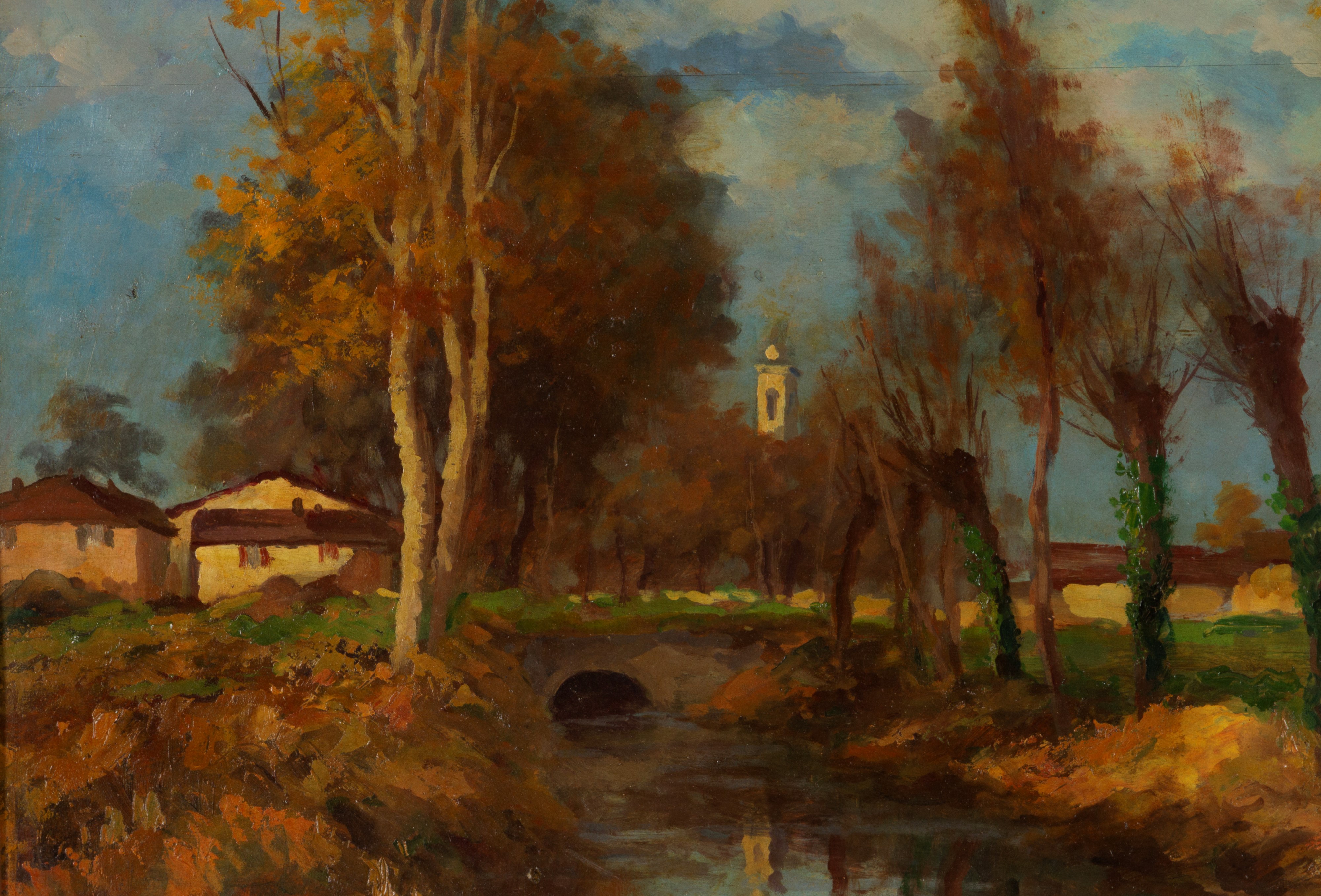 Emilio Borsa - Paesaggio fluviale, olio su tavoletta