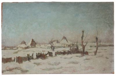 Cascinotti sotto la neve in Brianza, olio su cartone