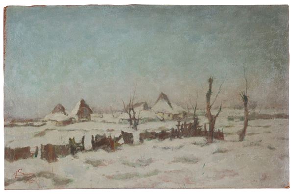 EUGENIO SPREAFICO - Dipinto "CASCINOTTI SOTTO LA NEVE IN BRIANZA"