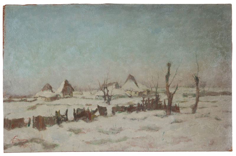 Eugenio Spreafico - Cascinotti sotto la neve in Brianza, olio su cartone