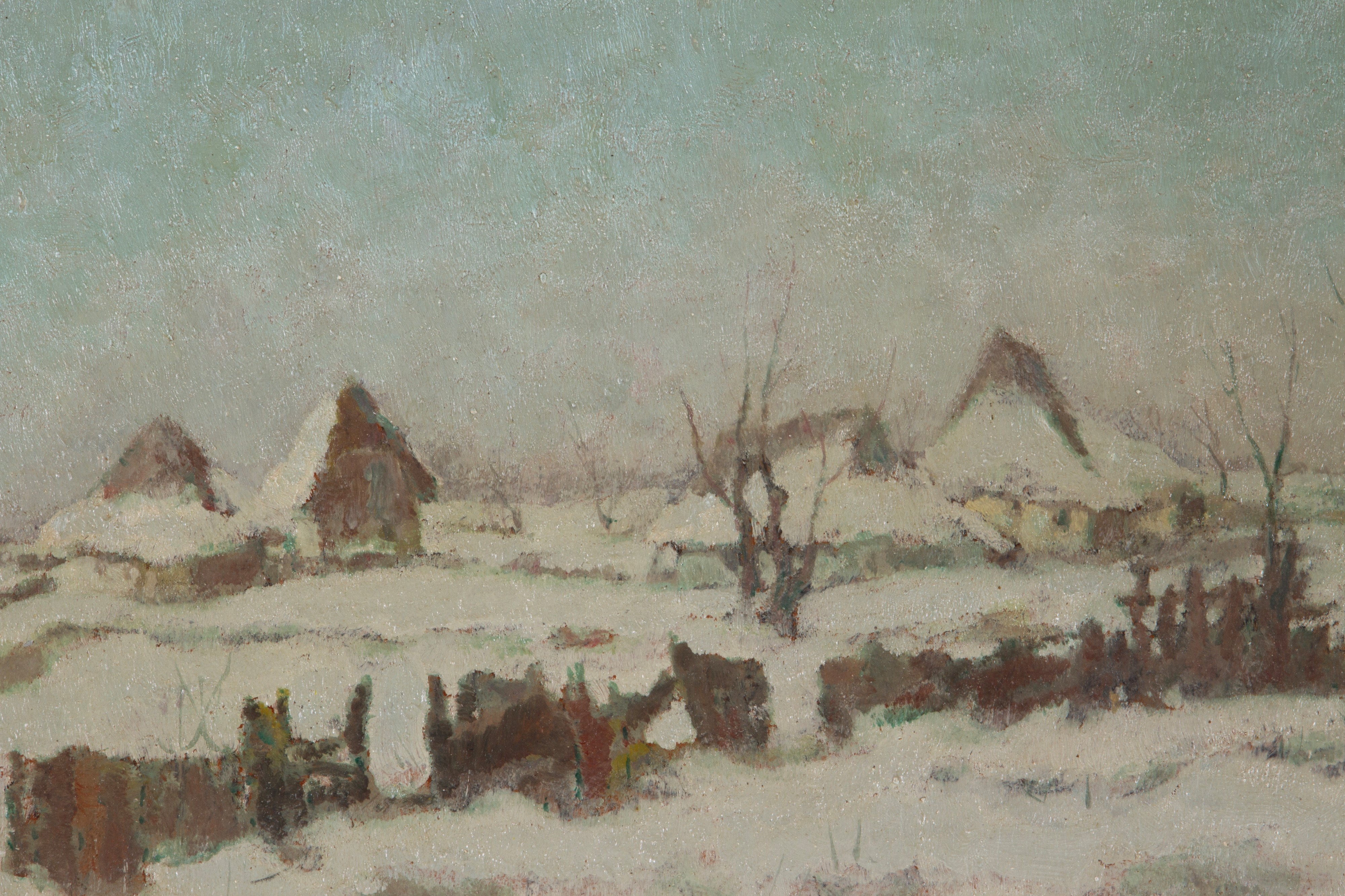 Eugenio Spreafico - Cascinotti sotto la neve in Brianza, olio su cartone
