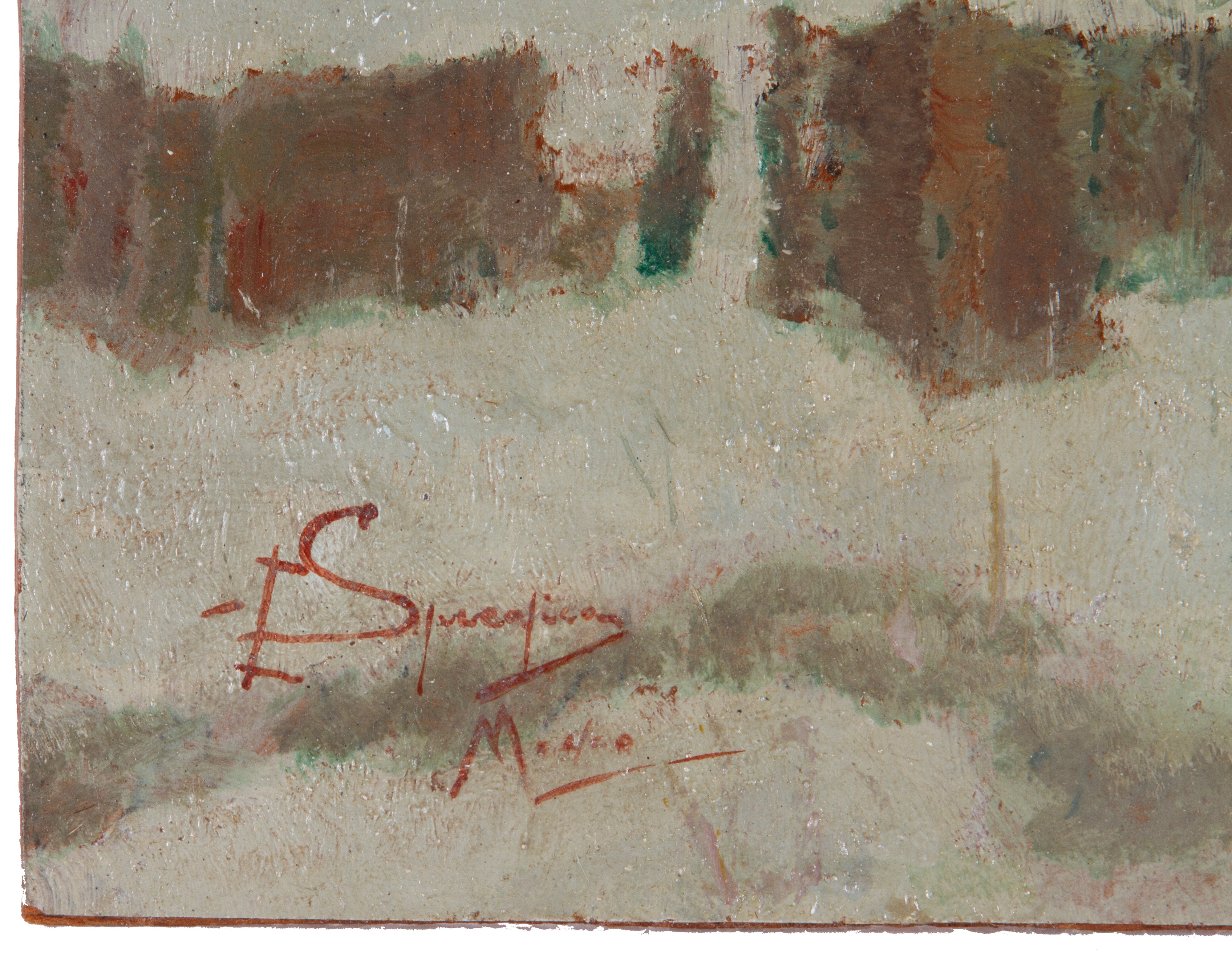 Eugenio Spreafico - Cascinotti sotto la neve in Brianza, olio su cartone