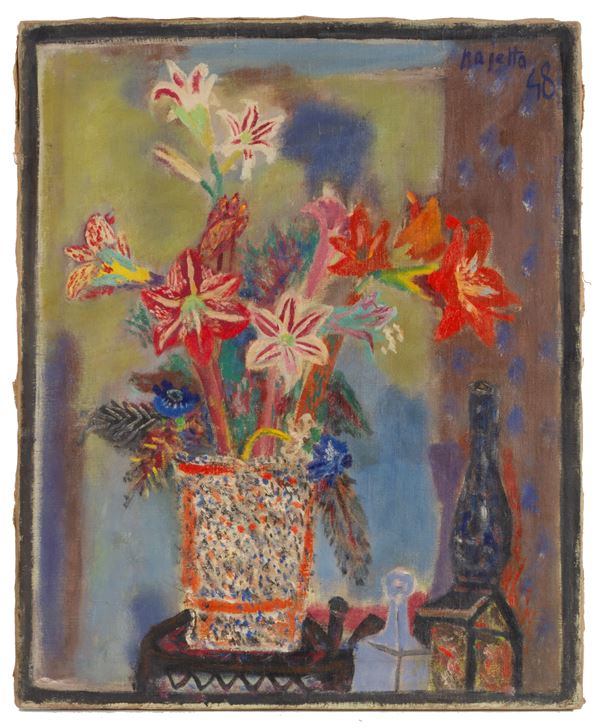 GUIDO PAOLO PAJETTA - Painting "VASE OF FLOWERS AND BOTTLES"