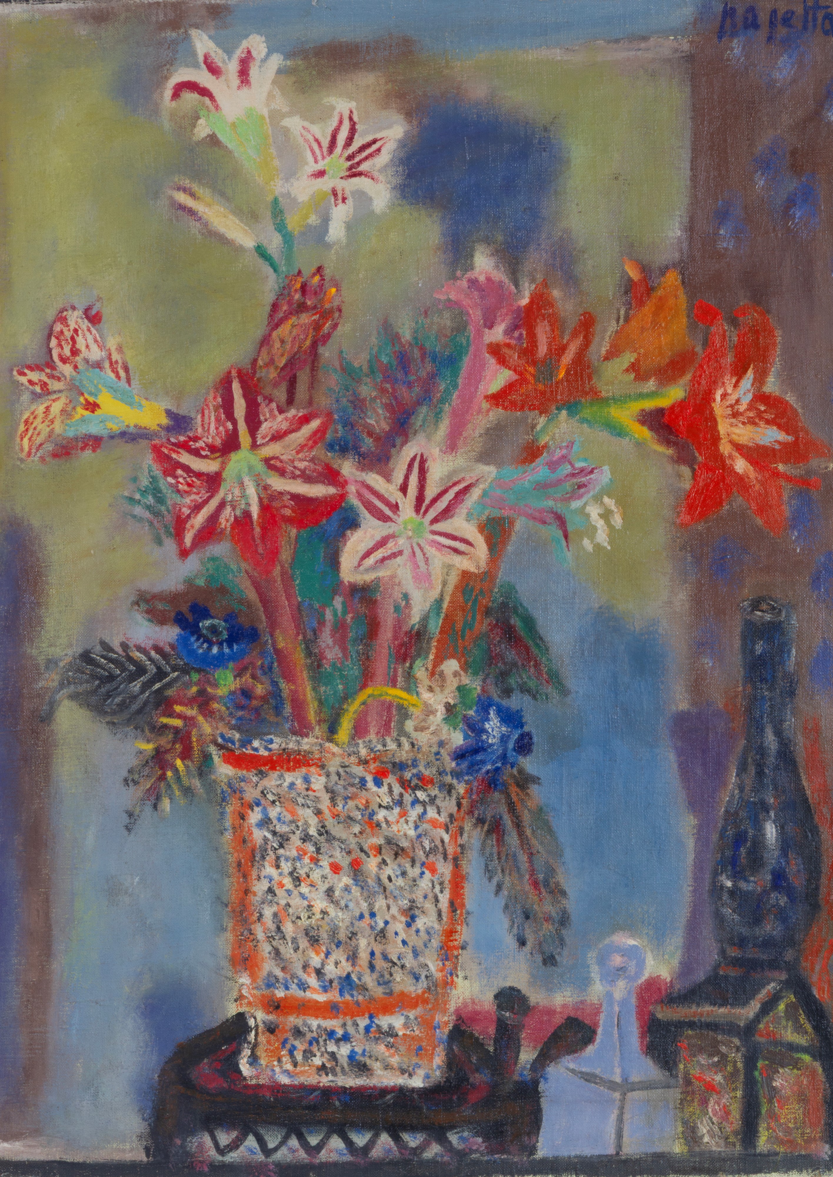 Guido Paolo Pajetta - Vaso di fiori e bottiglie, olio su tela (1948)