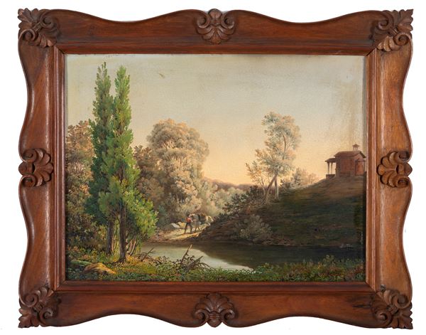 Dipinto "PAESAGGIO CON ANIMALI E FIGURE"