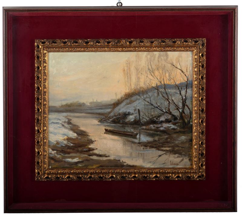 Cesare Libano - Tramonto d'inverno, olio su tavoletta