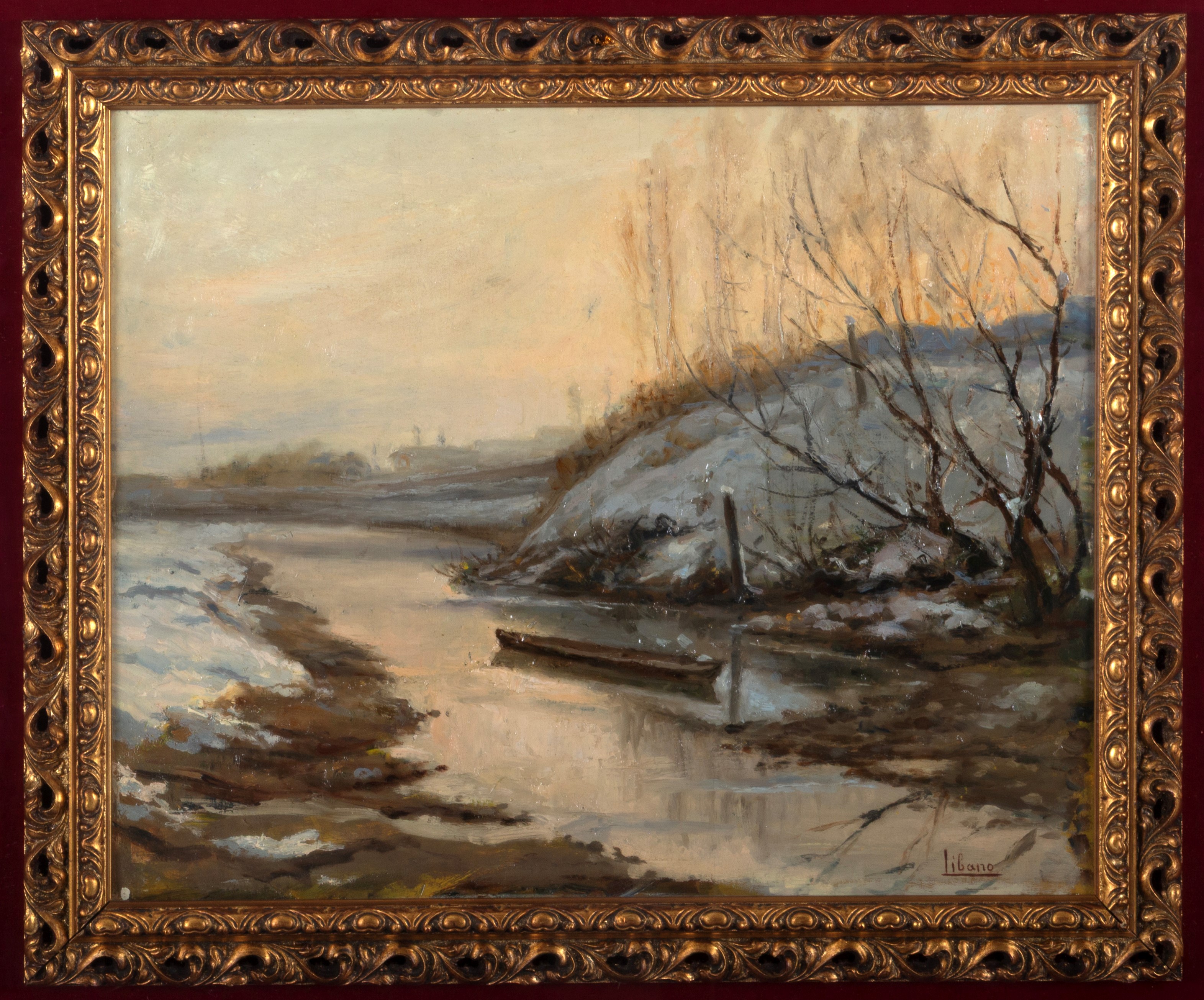 Cesare Libano - Tramonto d'inverno, olio su tavoletta