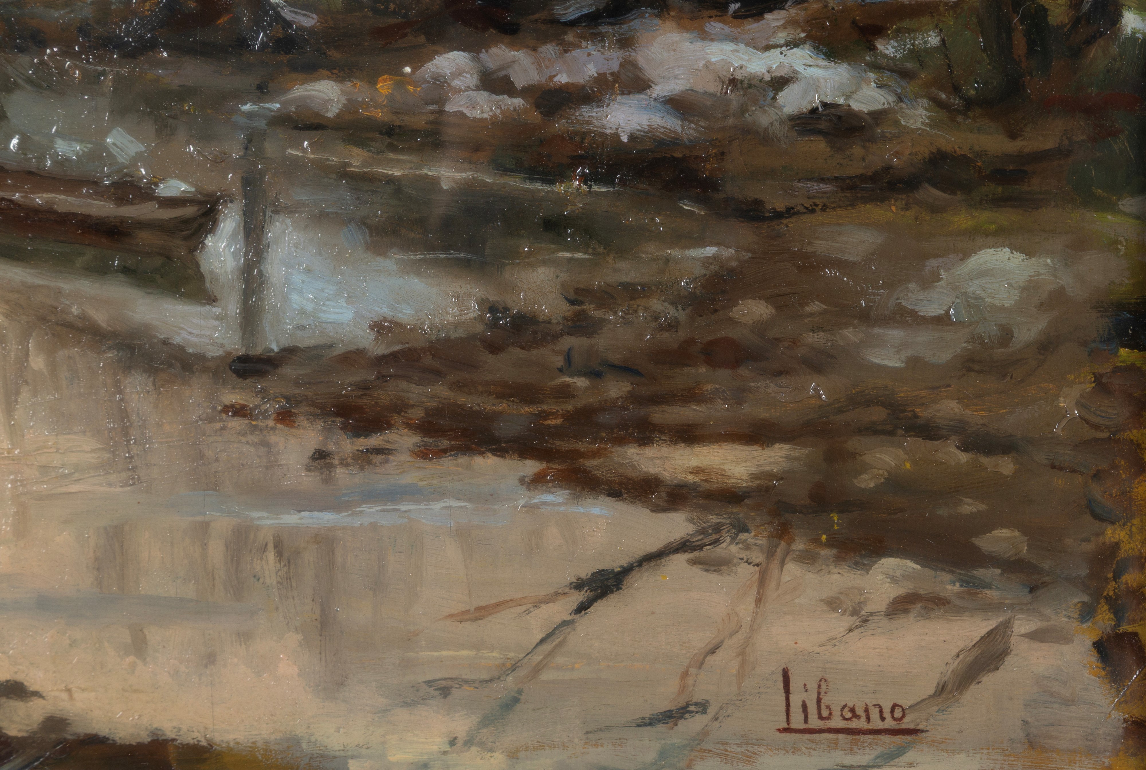 Cesare Libano - Tramonto d'inverno, olio su tavoletta