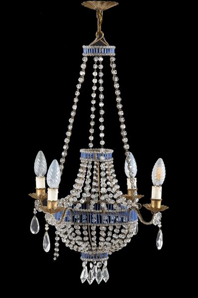 Lampadario a mongolfiera, fine XIX secolo, quattro luci, perline e lamierino dorato