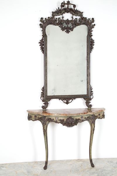 Consolle con specchiera, legno intagliato e laccato, fine XIX secolo