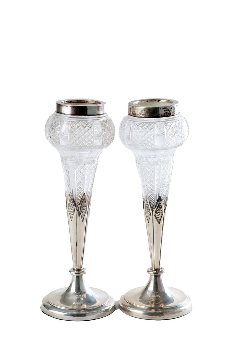 Coppia di portafiori in argento e cristallo