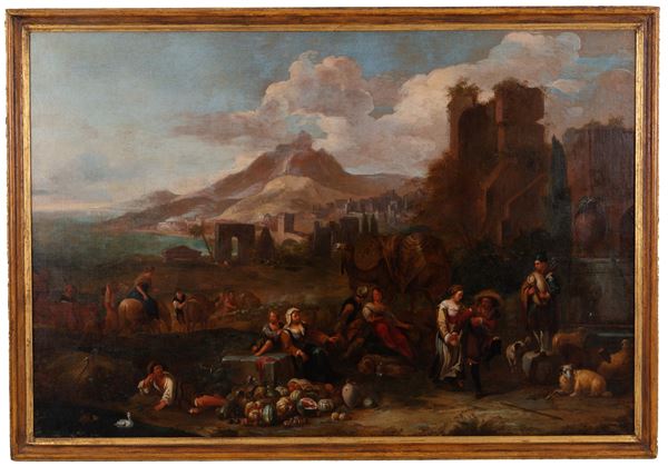 Dipinto "PAESAGGIO CON SCENE DI VITA"