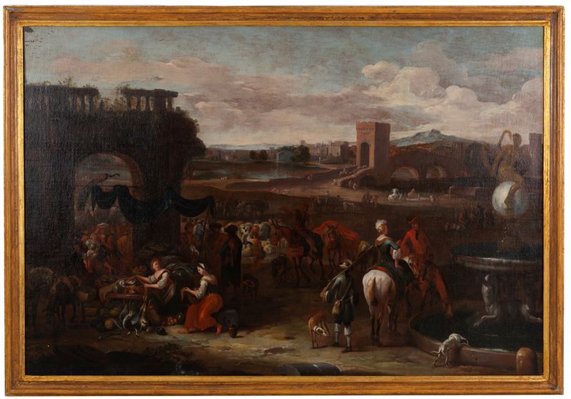 Dipinto, Paesaggio con scene di vita, olio su tela