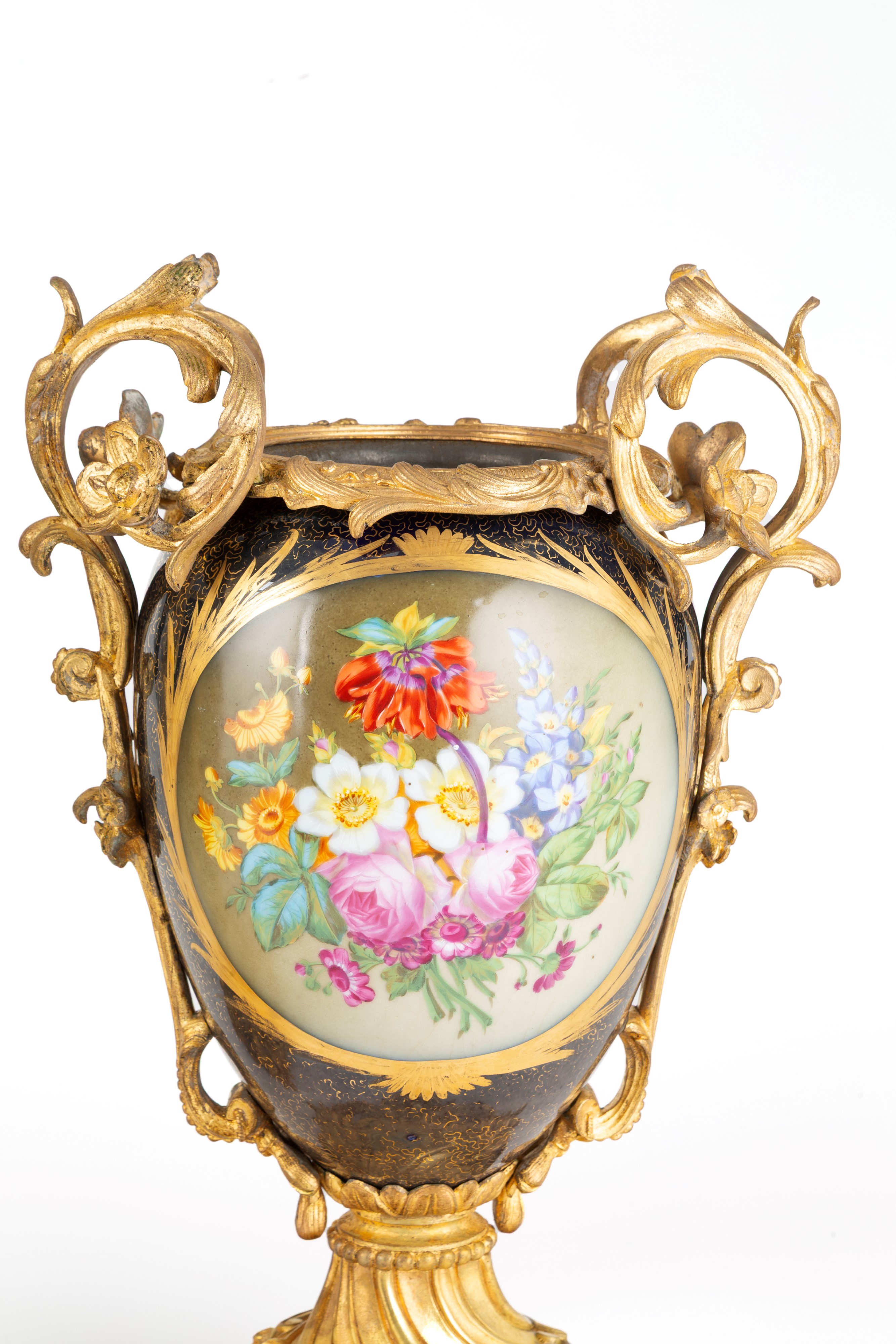 Coppia di vasi in porcellana di Sevres, fine XIX secolo, con bronzo cesellato e dorato