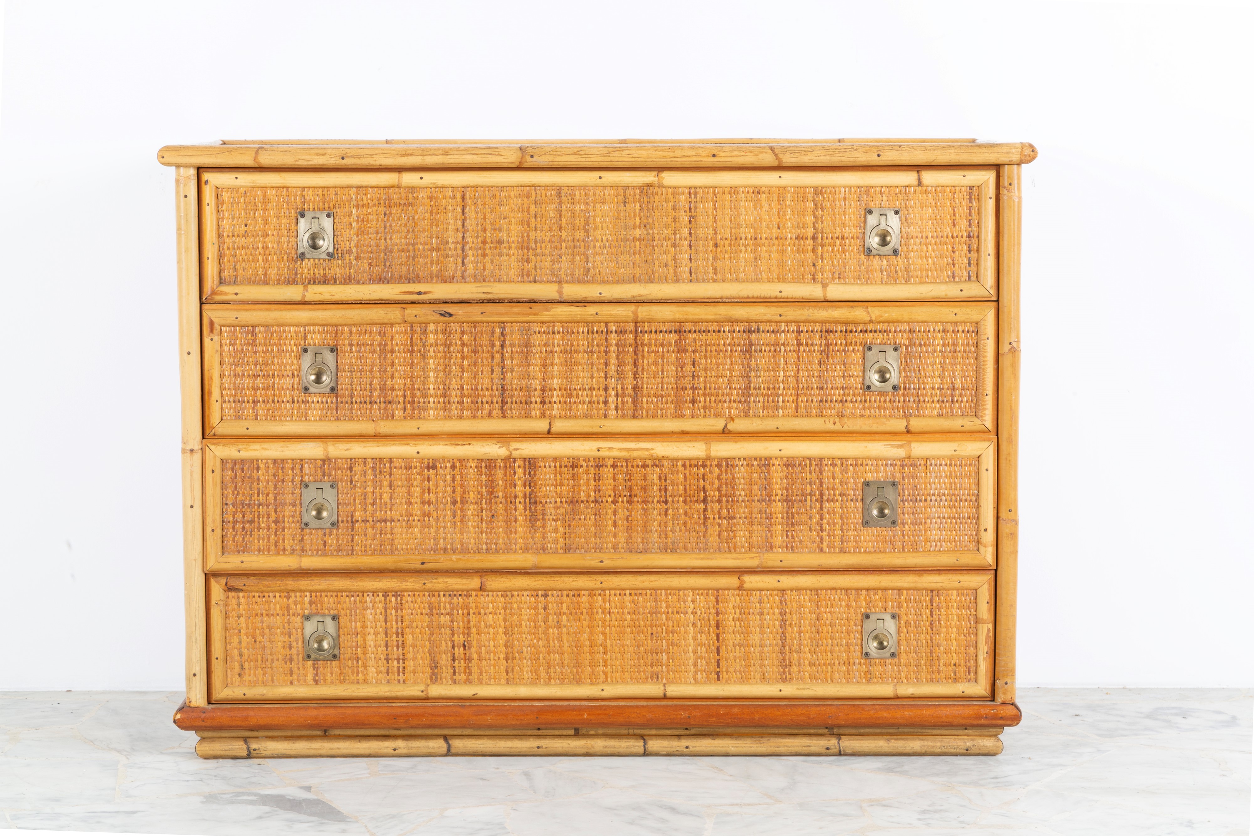 DAL VERA, Cassettiera in bambù e rattan con maniglie in ottone, 1979