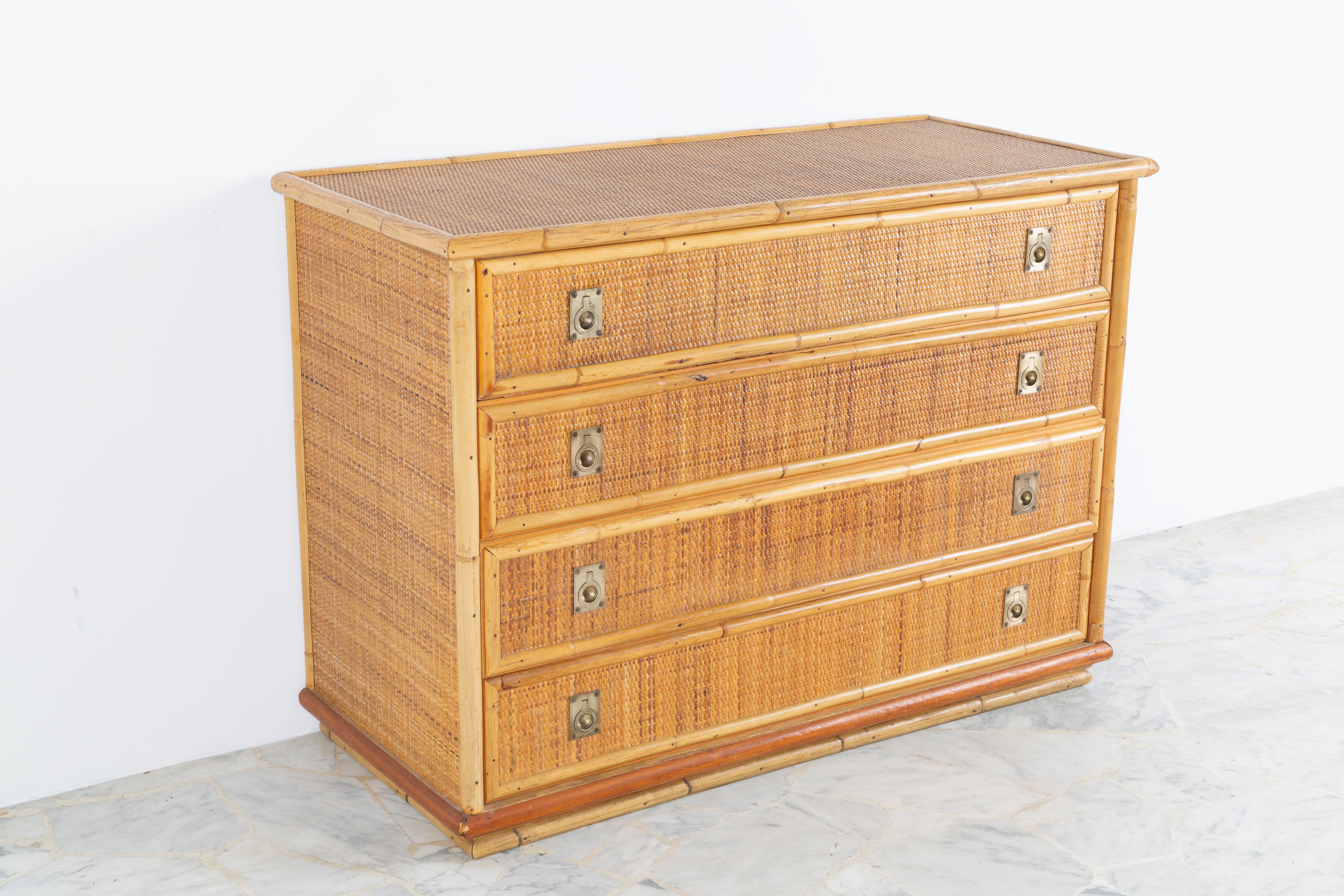 DAL VERA, Cassettiera in bambù e rattan con maniglie in ottone, 1979