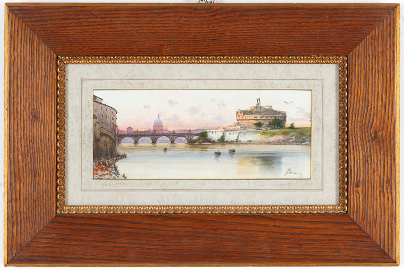 Federico Schianchi - Ponte e Castel Sant'Angelo con la Cupola di San Pietro, acquarello su carton...