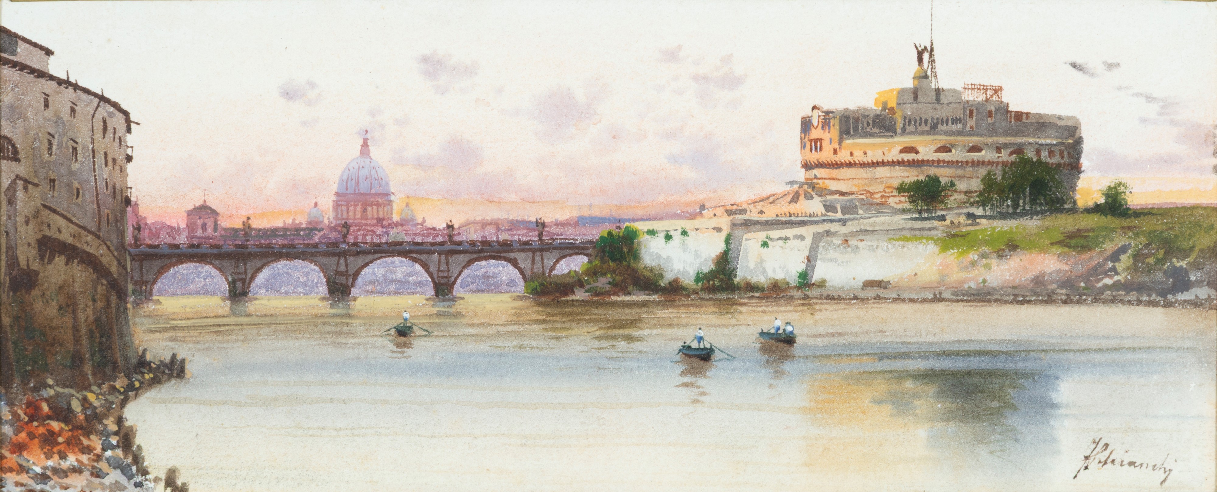 Federico Schianchi - Ponte e Castel Sant'Angelo con la Cupola di San Pietro, acquarello su carton...