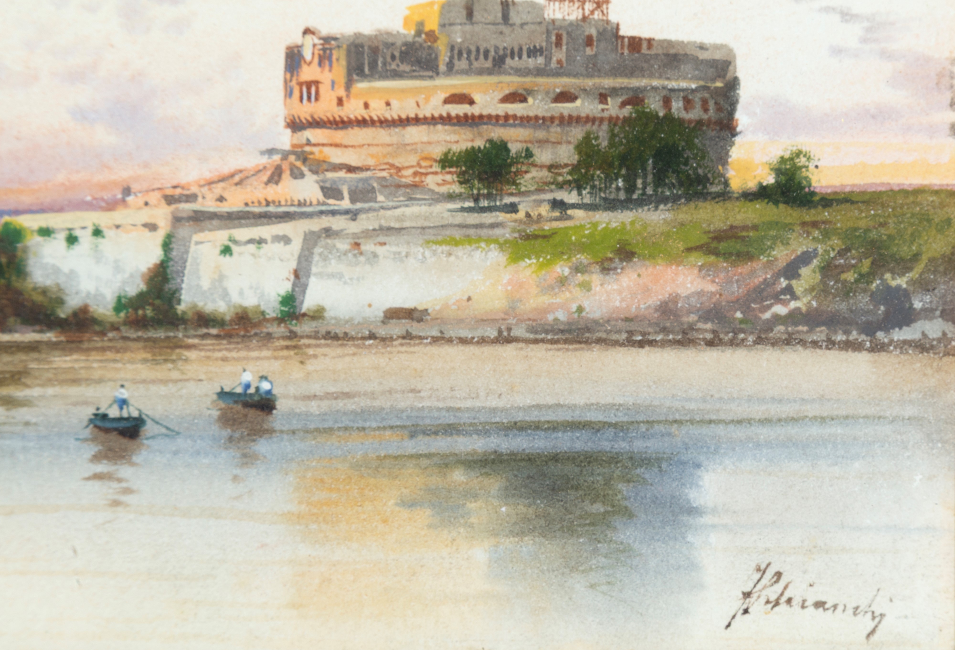 Federico Schianchi - Ponte e Castel Sant'Angelo con la Cupola di San Pietro, acquarello su carton...