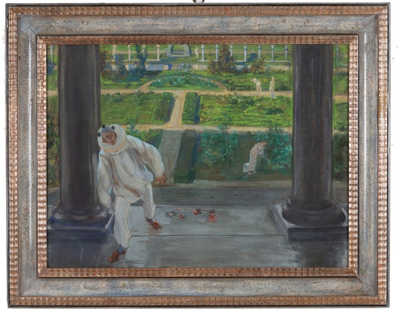 Giuseppe Mazzoni - Maschera in giardino, olio su cartoncino