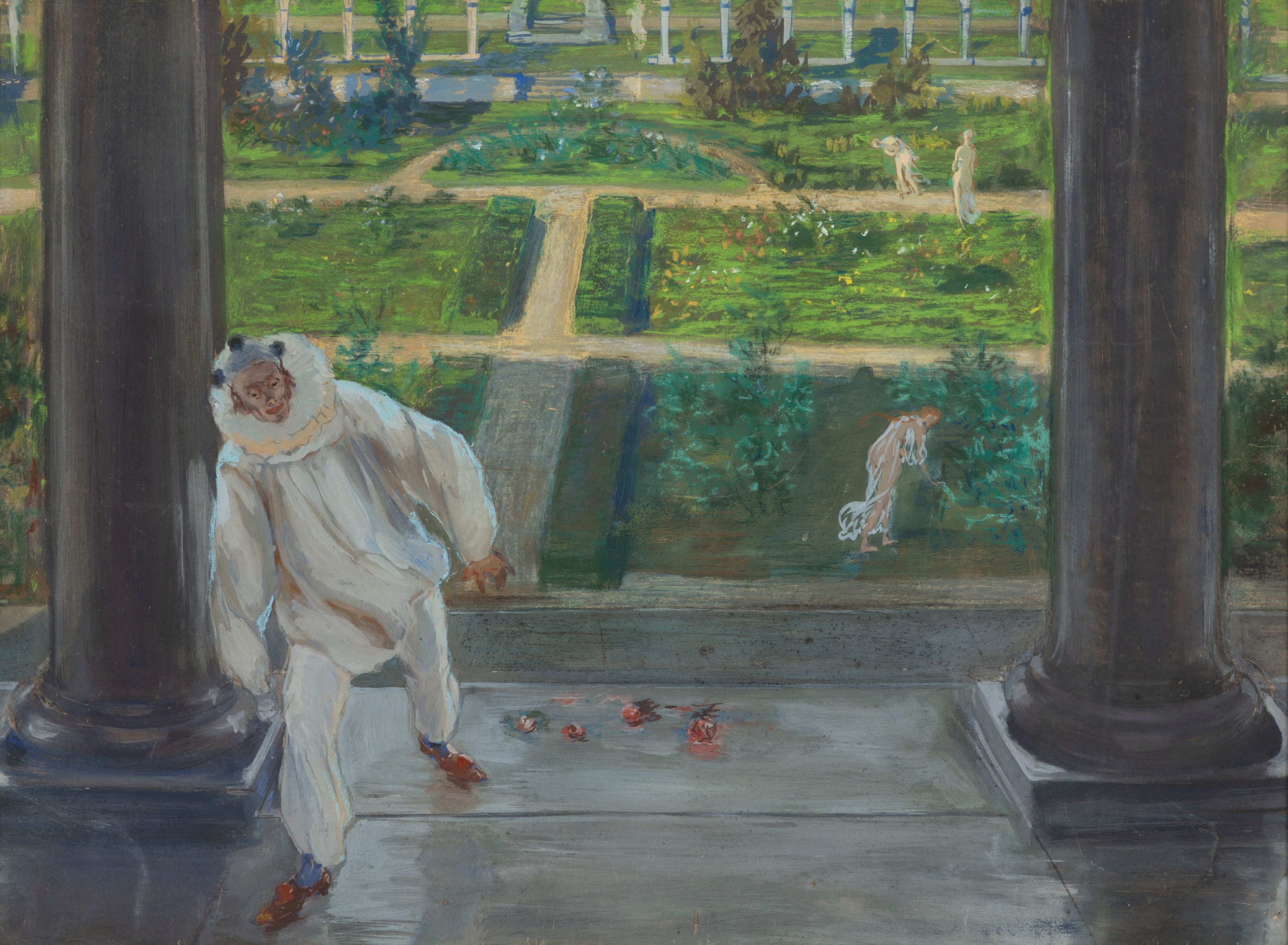 Giuseppe Mazzoni - Maschera in giardino, olio su cartoncino