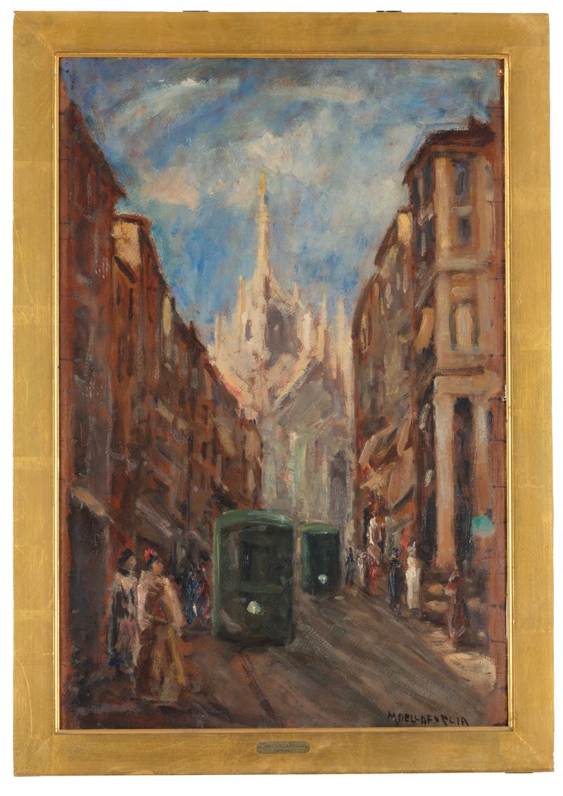 Mario della Foglia - Scorcio di Milano, olio su cartoncino
