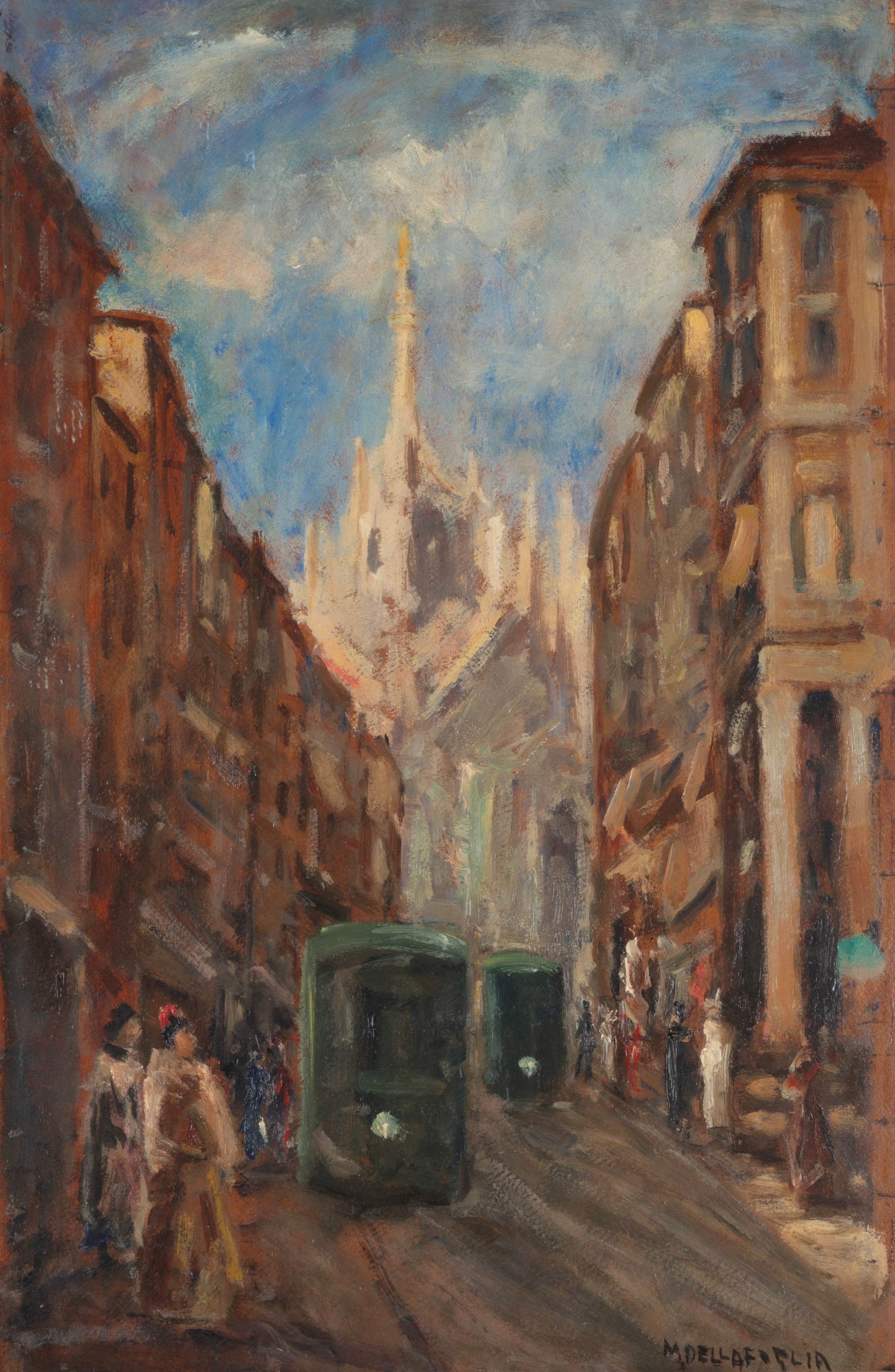 Mario della Foglia - Scorcio di Milano, olio su cartoncino