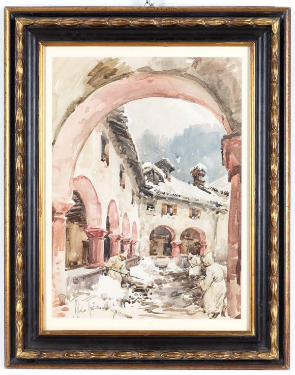 ALDO RAIMONDI - Acquarello "SCORCIO DI CHIOSTRO INNEVATO CON FRATI"
