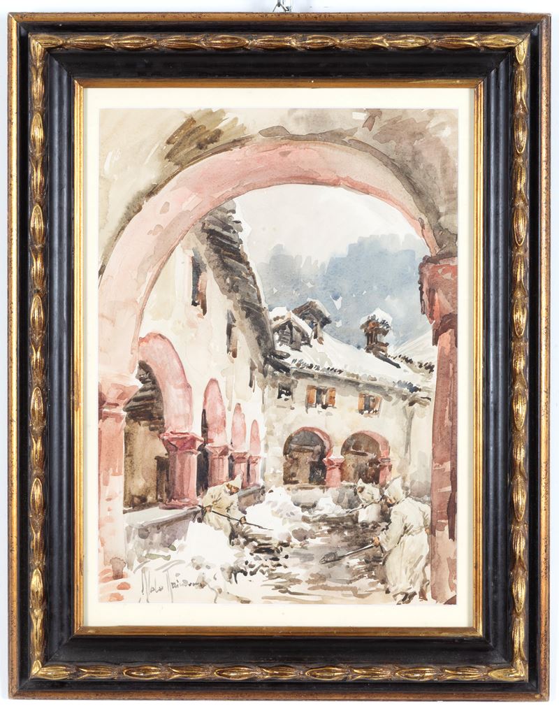 Aldo Raimondi - Scorcio di chiostro innevato con frati, acquarello su cartoncino